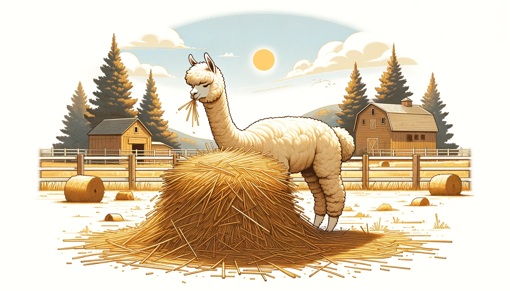 Alpaca eats big hay of straw