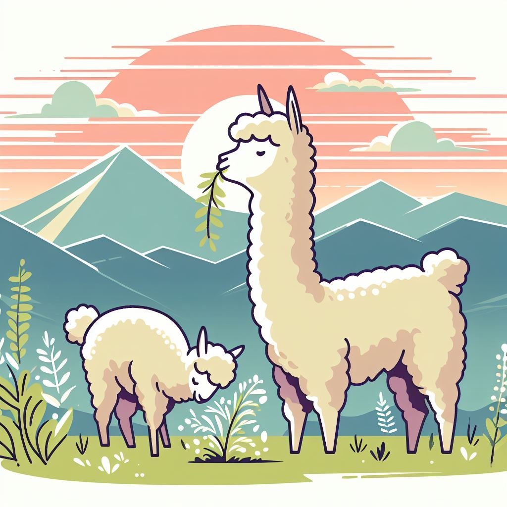 2 illustrated alpacas eat weeds