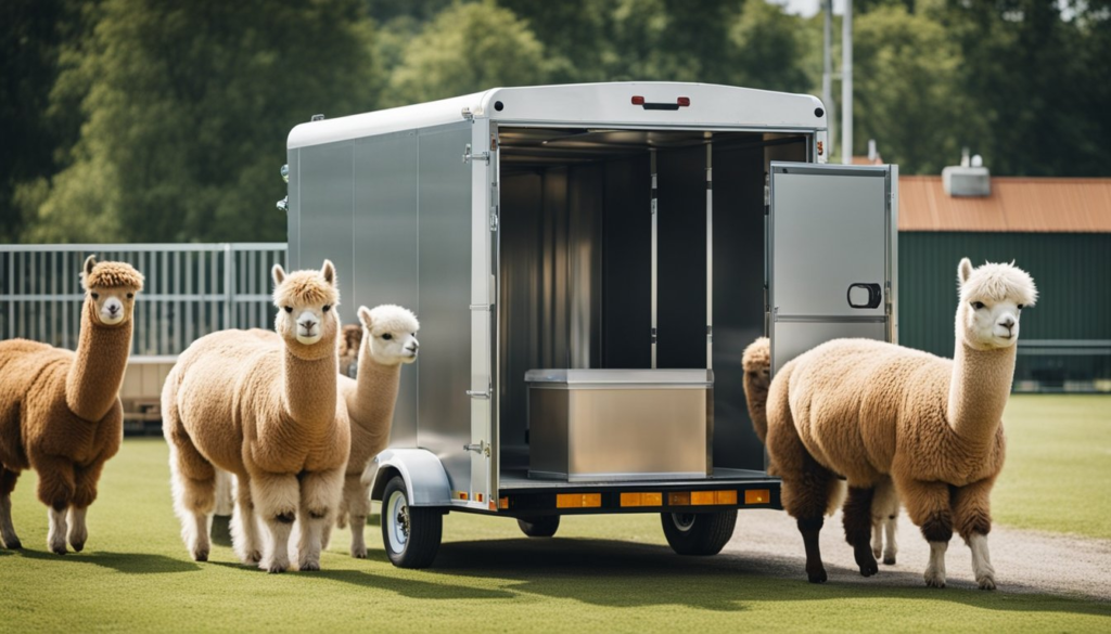 alpacas near transportation trailer