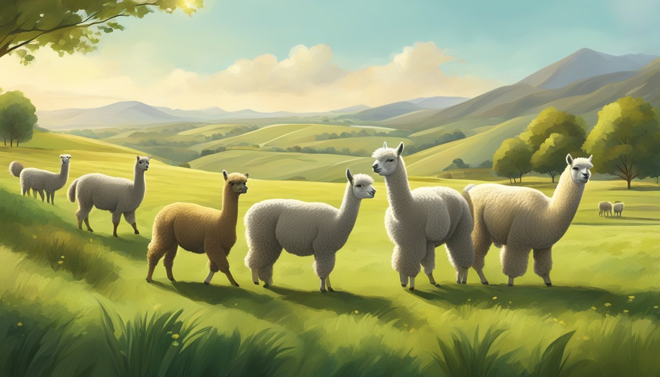 A group of alpacas graze in a spacious, green pasture with rolling hills in the background. A farmer tends to the animals, providing them with food and water