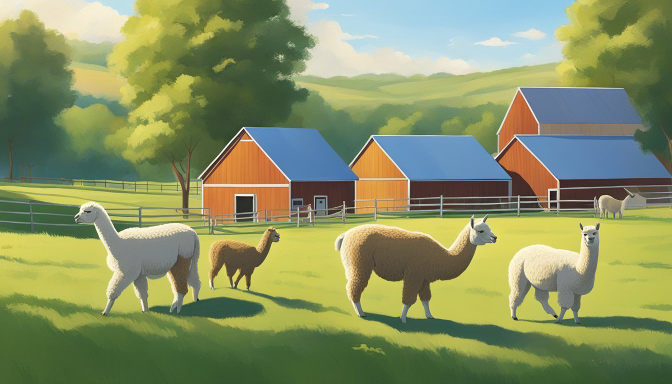 Alpacas grazing in a spacious, green pasture, with a clear blue sky above. A small barn and feeding area are visible in the background