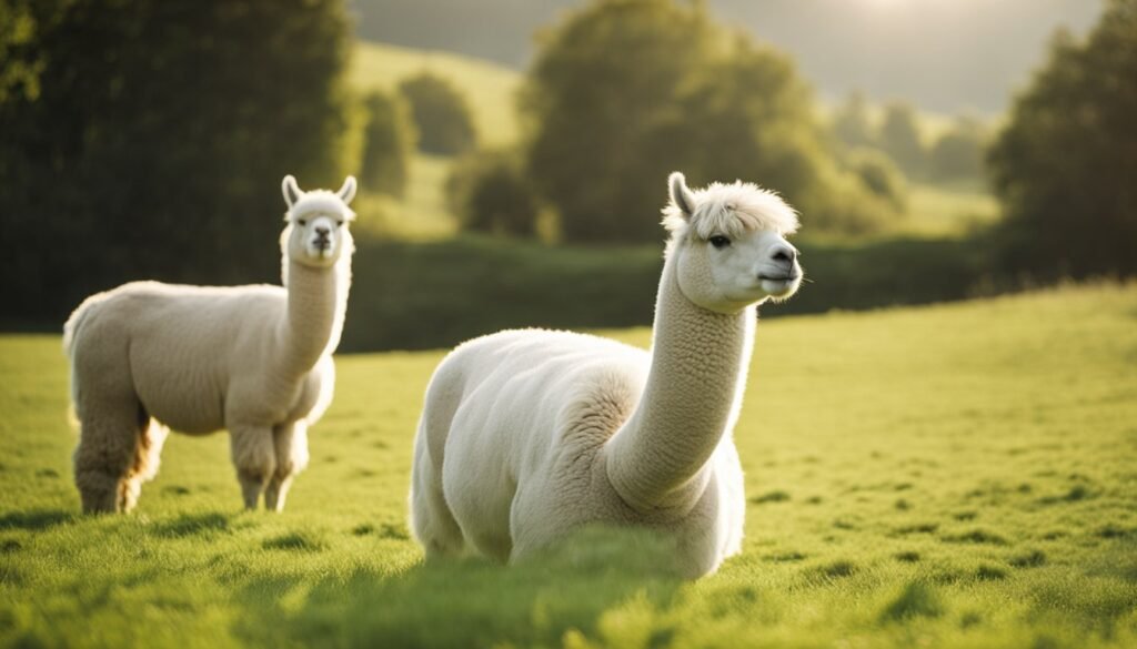 Alpacas grazing in a lush green field, their soft wool shimmering in the sunlight. A curious onlooker asks questions about their purpose and value